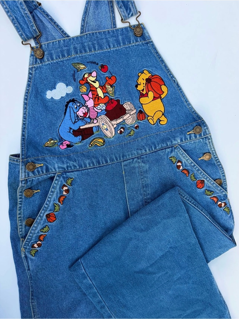 Vintage-Inspired Blue Denim Midi Dress with Winnie the Pooh Embroidery